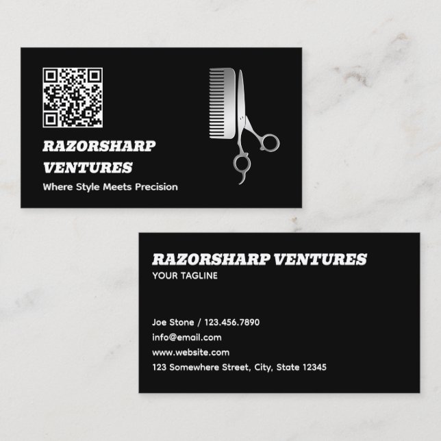 Tarjeta De Visita Barbershop Black QR (Anverso / Reverso)