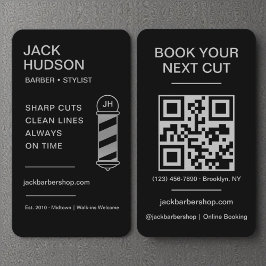 Tarjeta De Visita Barbershop Black Silver Barber Haircut QR Code