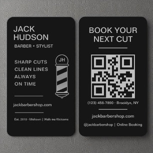 Tarjeta De Visita Barbershop Black Silver Barber Haircut QR Code