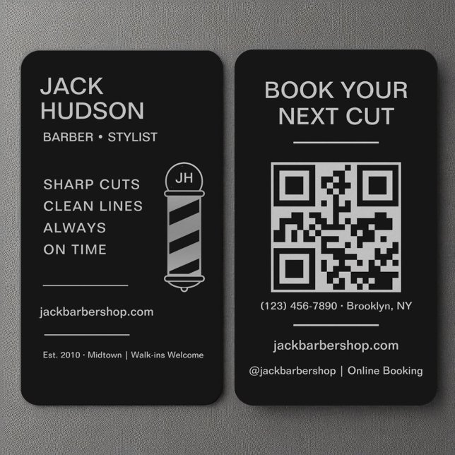 Tarjeta De Visita Barbershop Black Silver Barber Haircut QR Code (Subido por el creador)
