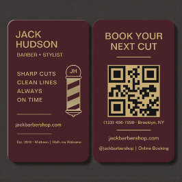 Tarjeta De Visita Barbershop Burgundy Gold Barber Haircut QR Code