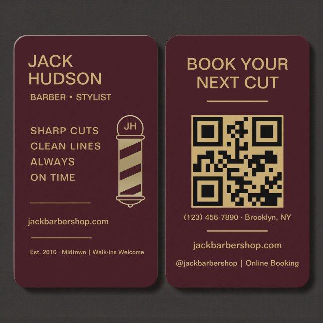 Tarjeta De Visita Barbershop Burgundy Gold Barber Haircut QR Code (Subido por el creador)