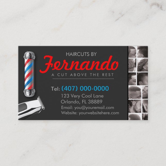 Tarjeta De Visita Barbershop Business Card-Barber pole, clippers com (Anverso)