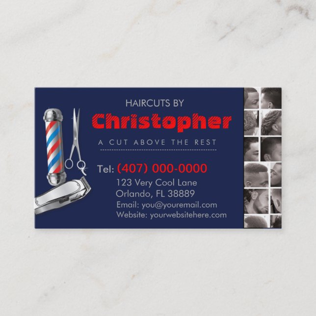 Tarjeta De Visita Barbershop Business Card-Barber pole, clippers com (Anverso)