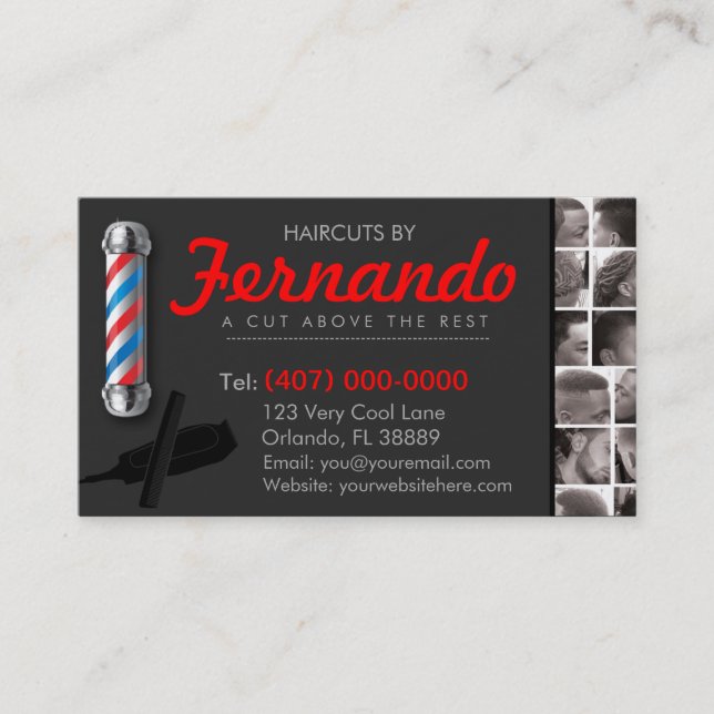 Tarjeta De Visita Barbershop Business Card-Barber pole, clippers com (Anverso)