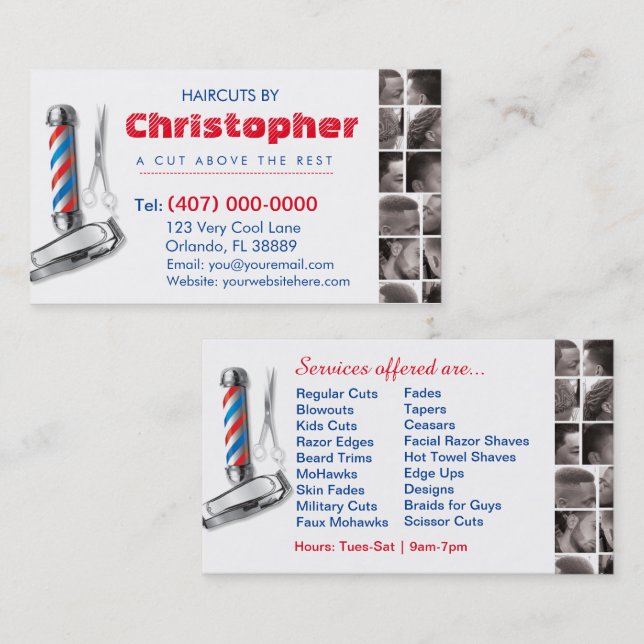 Tarjeta De Visita Barbershop Business Card-Barber pole, clippers com (Anverso / Reverso)