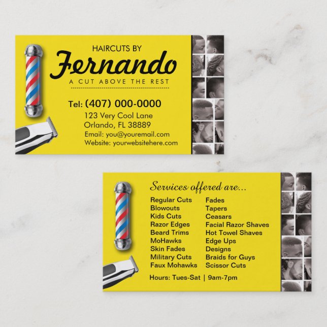 Tarjeta De Visita Barbershop Business Card-Barber pole, clippers com (Anverso / Reverso)