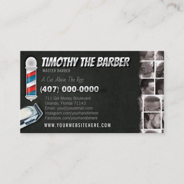 Tarjeta De Visita Barbershop Business Card-Barber polo, pinzas (Anverso)