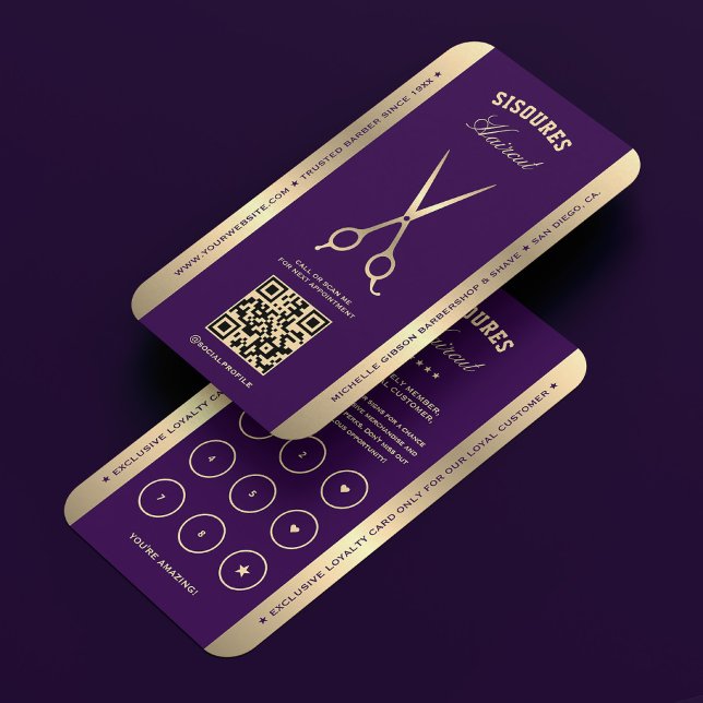 Tarjeta De Visita Barbershop Dark Purple Barber Loyalty Card (Barber dark purple gold scissors loyalty business card)