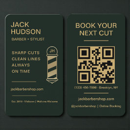 Tarjeta De Visita Barbershop Green Gold Barber Haircut QR Code