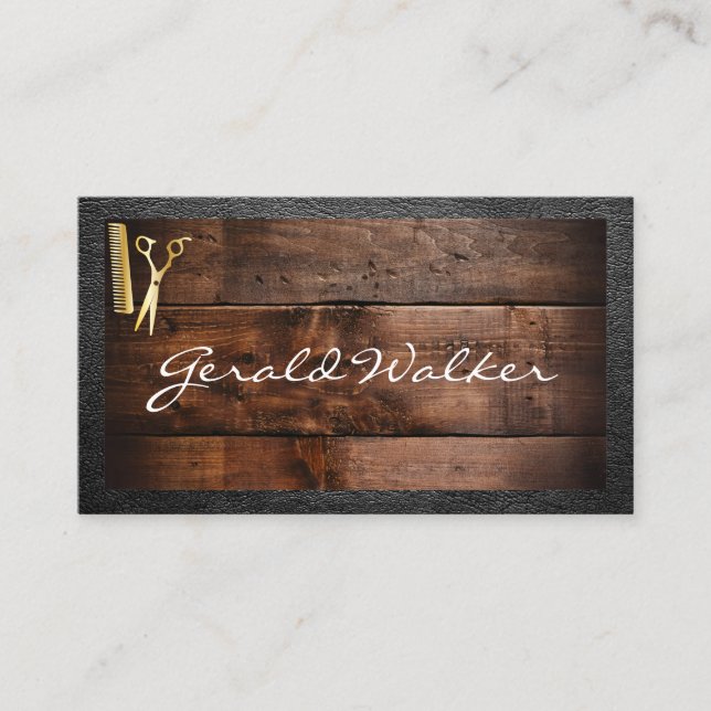 Tarjeta De Visita Barbershop | Madera | Borde de cuero (Anverso)