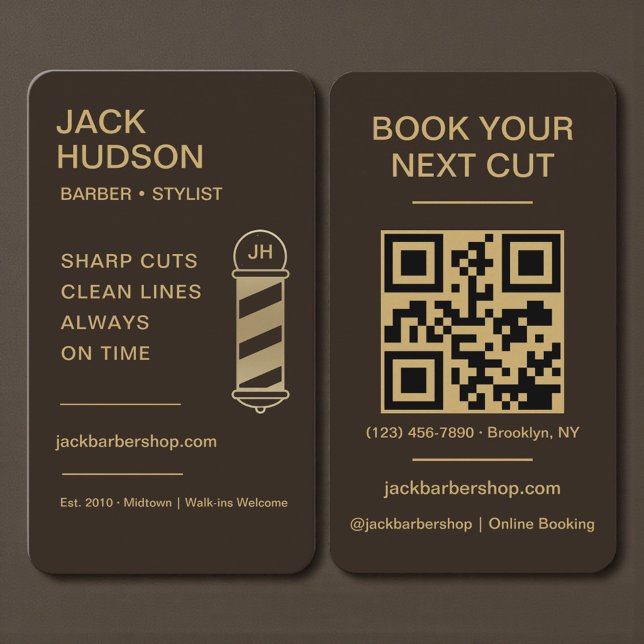 Tarjeta De Visita Barbershop Mocha Brown Gold Barber Haircut QR Code (Subido por el creador)