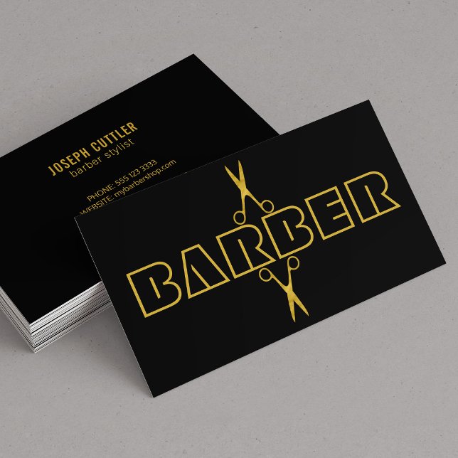 Tarjeta De Visita Barbershop modernas tijeras de oro negro (Subido por el creador)