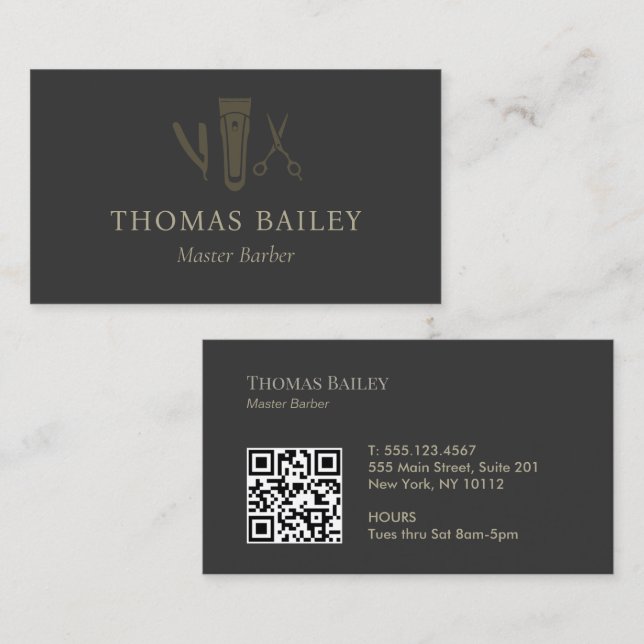 Tarjeta De Visita Barbershop moderno, código QR de Barber Brown (Anverso / Reverso)