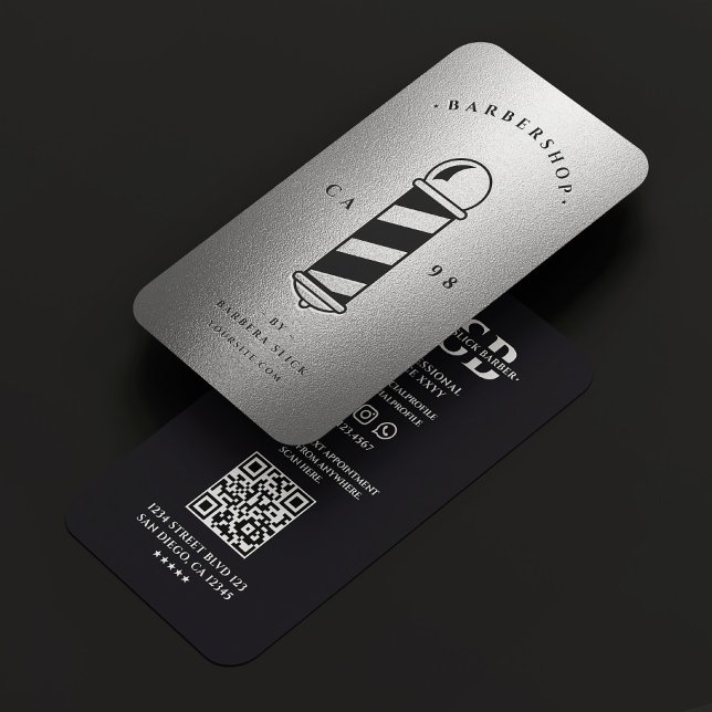 Tarjeta De Visita Barbershop moderno elegante polo negro de barbería (Modern Barbershop Elegant Black Silver Barber Pole Business Card
)