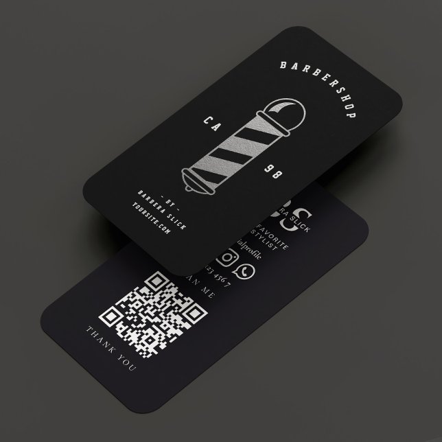 Tarjeta De Visita Barbershop moderno Haircut Black Silver Barber Pol (Modern Barbershop Haircut Black Silver Barber Pole Business Card
)
