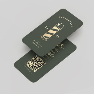Tarjeta De Visita Barbershop moderno Moss Green Gold Barber Pole