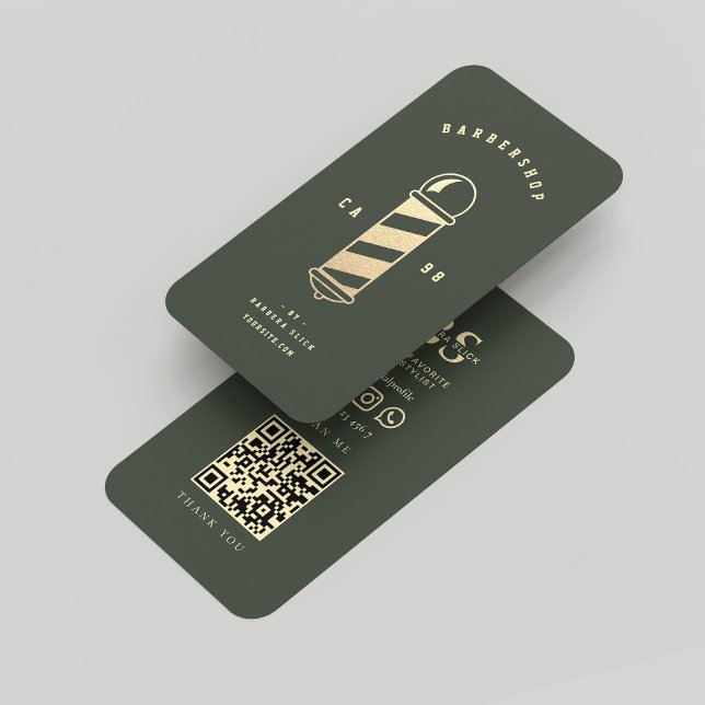 Tarjeta De Visita Barbershop moderno Moss Green Gold Barber Pole (Modern Barbershop Dark Green Gold Barber Pole Business Card
)