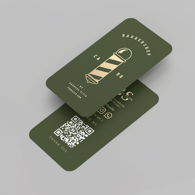 Tarjeta De Visita Barbershop moderno Polo Verde de Oro oscuro (Modern Barbershop Dark Green Gold Barber Pole Business Card
)