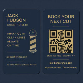 Tarjeta De Visita Barbershop Navy Blue Gold Barber Haircut QR Code