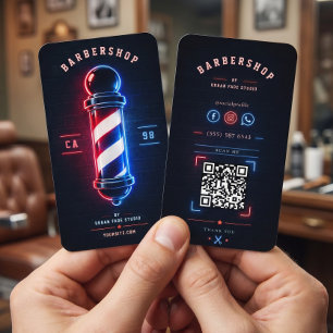 Tarjeta De Visita Barbershop Neon Negrita Azul Rojo Poste Logo