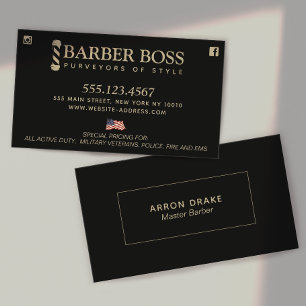 Tarjeta De Visita Barbershop patriótico negro y oro