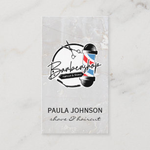 Tarjeta De Visita Barbershop Pole   Piedra blanca   Tijeras