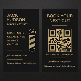 Tarjeta De Visita Barbershop QR Code Black Gold Barber Haircut 