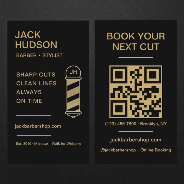Tarjeta De Visita Barbershop QR Code Black Gold Barber Haircut  (Subido por el creador)