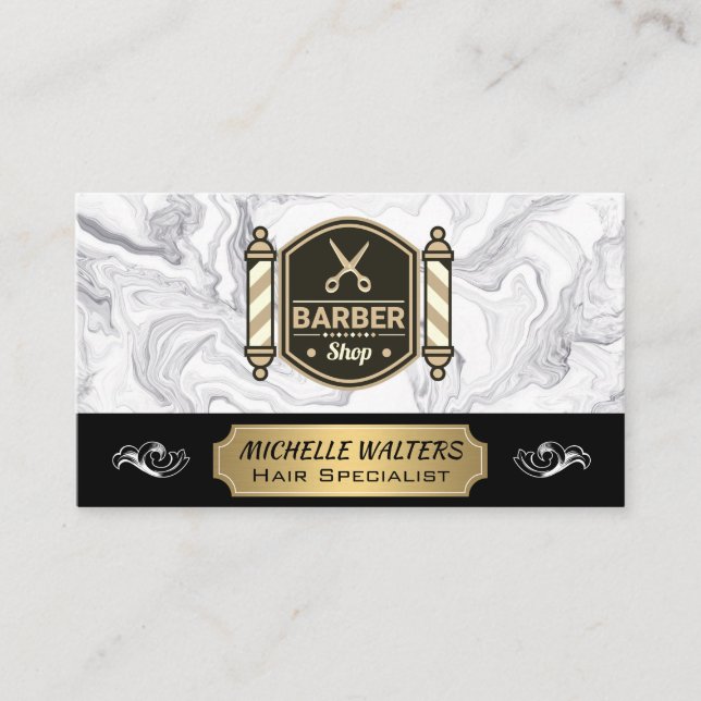 Tarjeta De Visita Barbershop Scissors | Barber Polo | Mármol (Anverso)