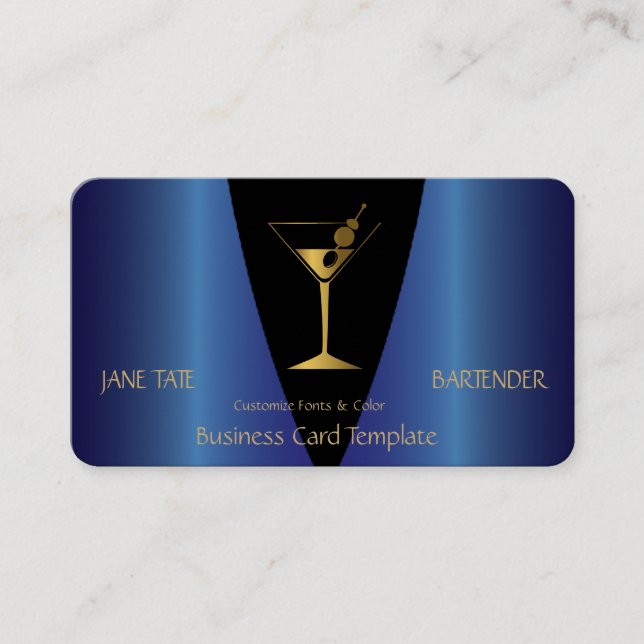 Tarjeta De Visita Barman metálico azul de oro clásico (Anverso)