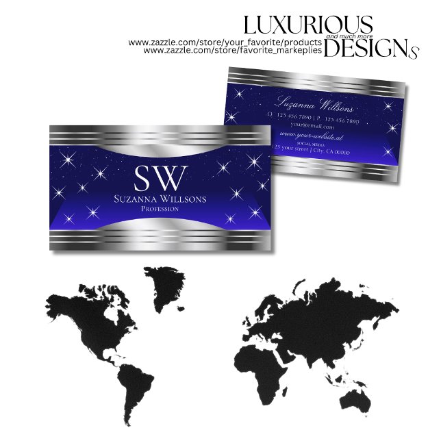 Tarjeta De Visita Barreras de plata azul cielo nocturno con monogram (Subido por el creador)