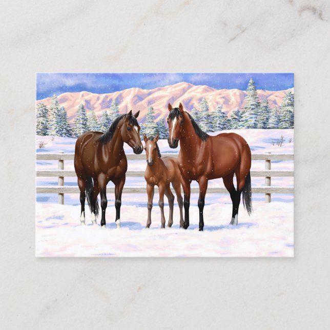 Tarjeta De Visita Barrio Marrón de caballos en Nieve (Anverso)