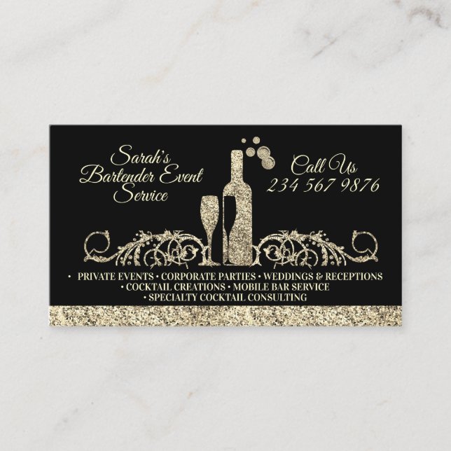 Tarjeta De Visita Bartender dorado brillante impreso (Anverso)