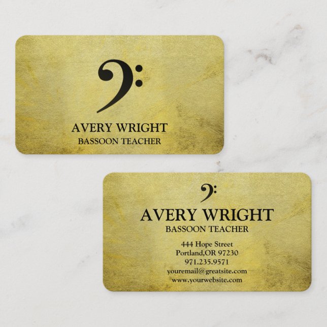 Tarjeta De Visita Bass Clef Music Teacher Gold & Black Professional (Anverso / Reverso)