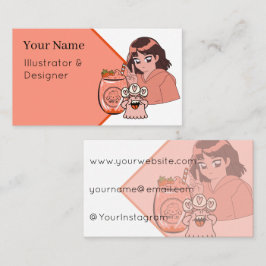 Tarjeta De Visita Batido de Fresa Kawaii y Chica Anime con Signo de 
