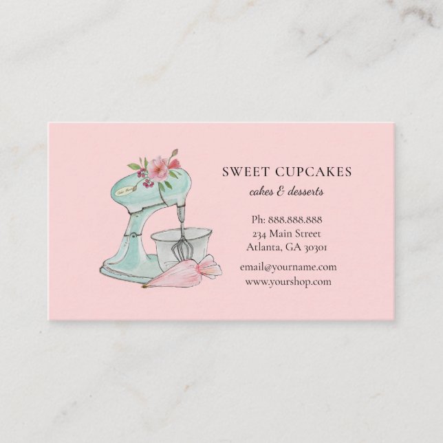 Tarjeta De Visita Batidora de pastel retro rosa panadería  (Anverso)