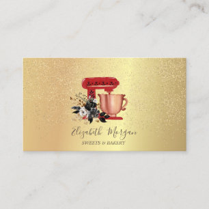 Tarjeta De Visita Batidora Floral Rojo Confeti de Bakery Gold