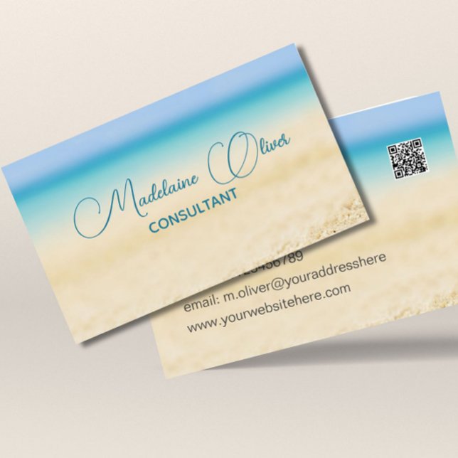 Tarjeta De Visita Beach Blue Ocean Coastal QR Code Modern (Subido por el creador)