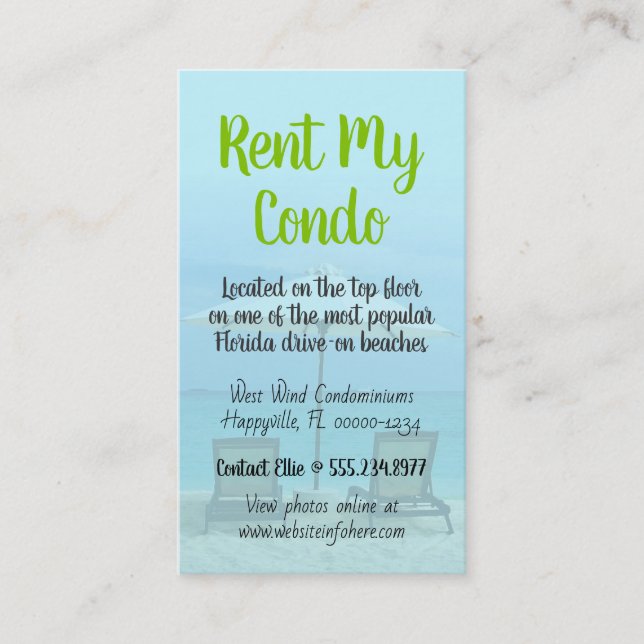 Tarjeta De Visita Beach Chairs Coastal Condo Home Rental (Anverso)