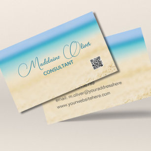Tarjeta De Visita Beach Ocean Coastal QR Code Blue Modern