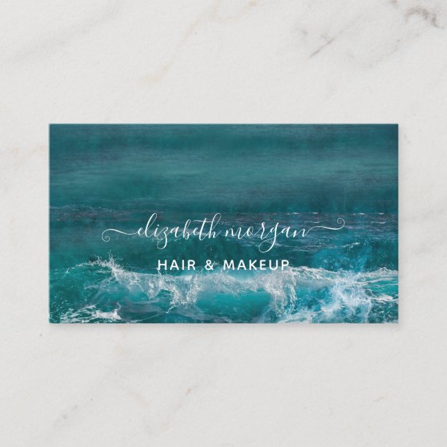Tarjeta De Visita Beach Ocean Script Aqua Green Blue Modern (Anverso)
