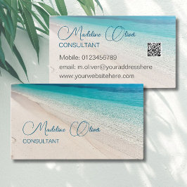 Tarjeta De Visita Beach Sea Calm Travel Aqua Blue QR Code