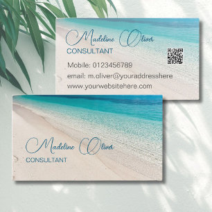 Tarjeta De Visita Beach Sea Calm Travel Aqua Blue QR Code