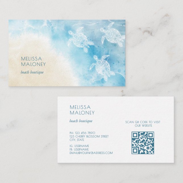 Tarjeta De Visita Beach Style White Turtles Scan QR Code (Anverso / Reverso)