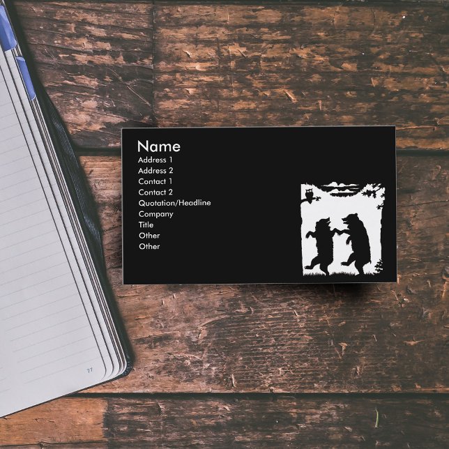 Tarjeta De Visita Bears Black Silhouette (Two black bears dancing in woods under trees with owl on black business cards.)