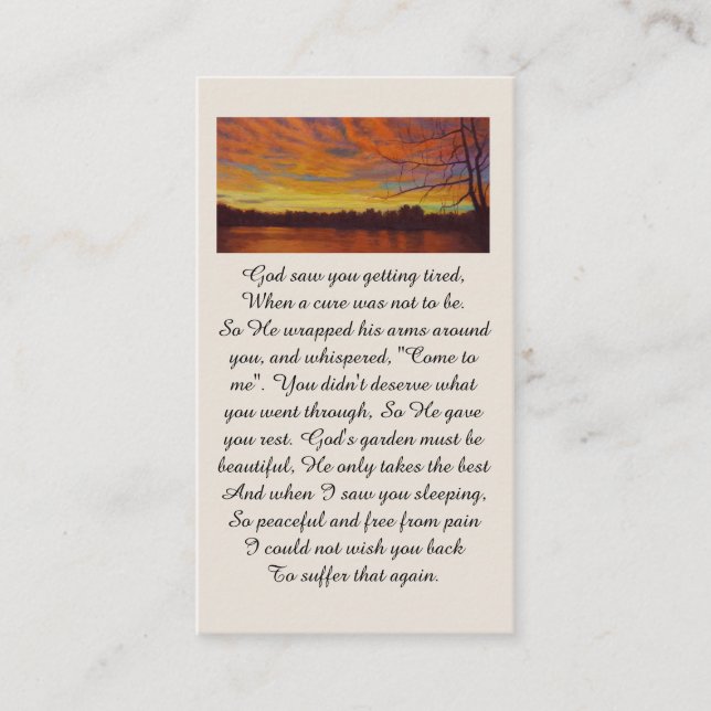 Tarjeta De Visita Beautiful Sunset on a Lake Memorial Prayer Card (Anverso)
