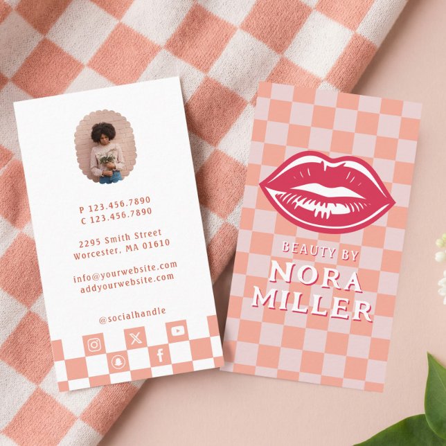 Tarjeta De Visita Beauty By Retro Pink Checkerboard Lips Makeup (Beauty By Retro Pink Checkerboard Lips Makeup Business Card)