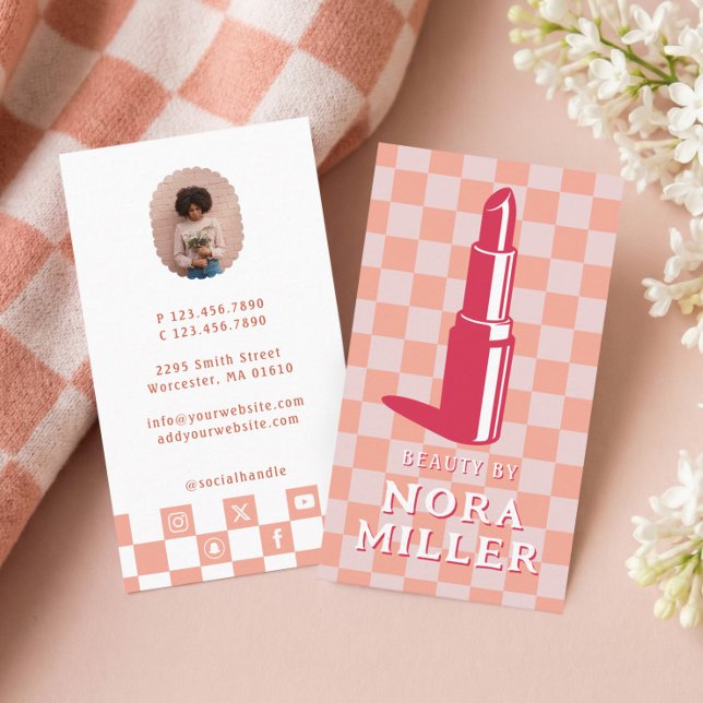 Tarjeta De Visita Beauty By Retro Pink Checkerboard Lipstick Makeup (Beauty By Retro Pink Checkerboard Lipstick Makeup Business Card)