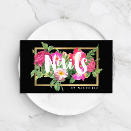 Tarjeta De Visita Beauty Florals Nail Salon Black